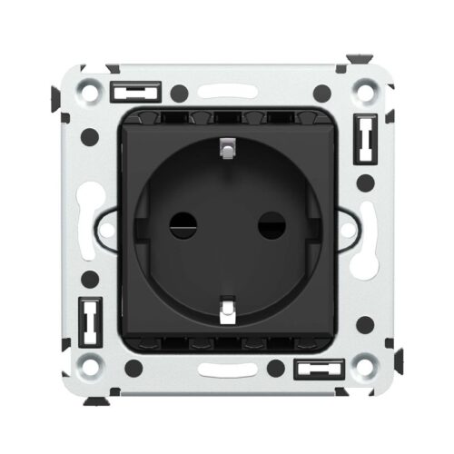 Розетка 1-м СП 2мод Avanti "Черный матовый" 2P+E защ шторки механизм