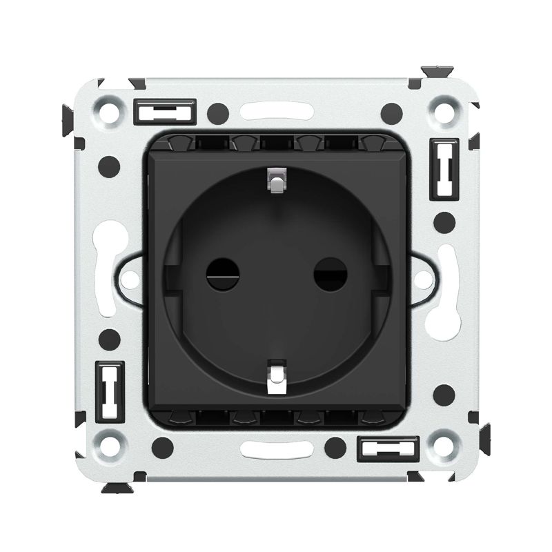 Розетка 1-м СП 2мод Avanti "Черный матовый" 2P+E защ шторки механизм