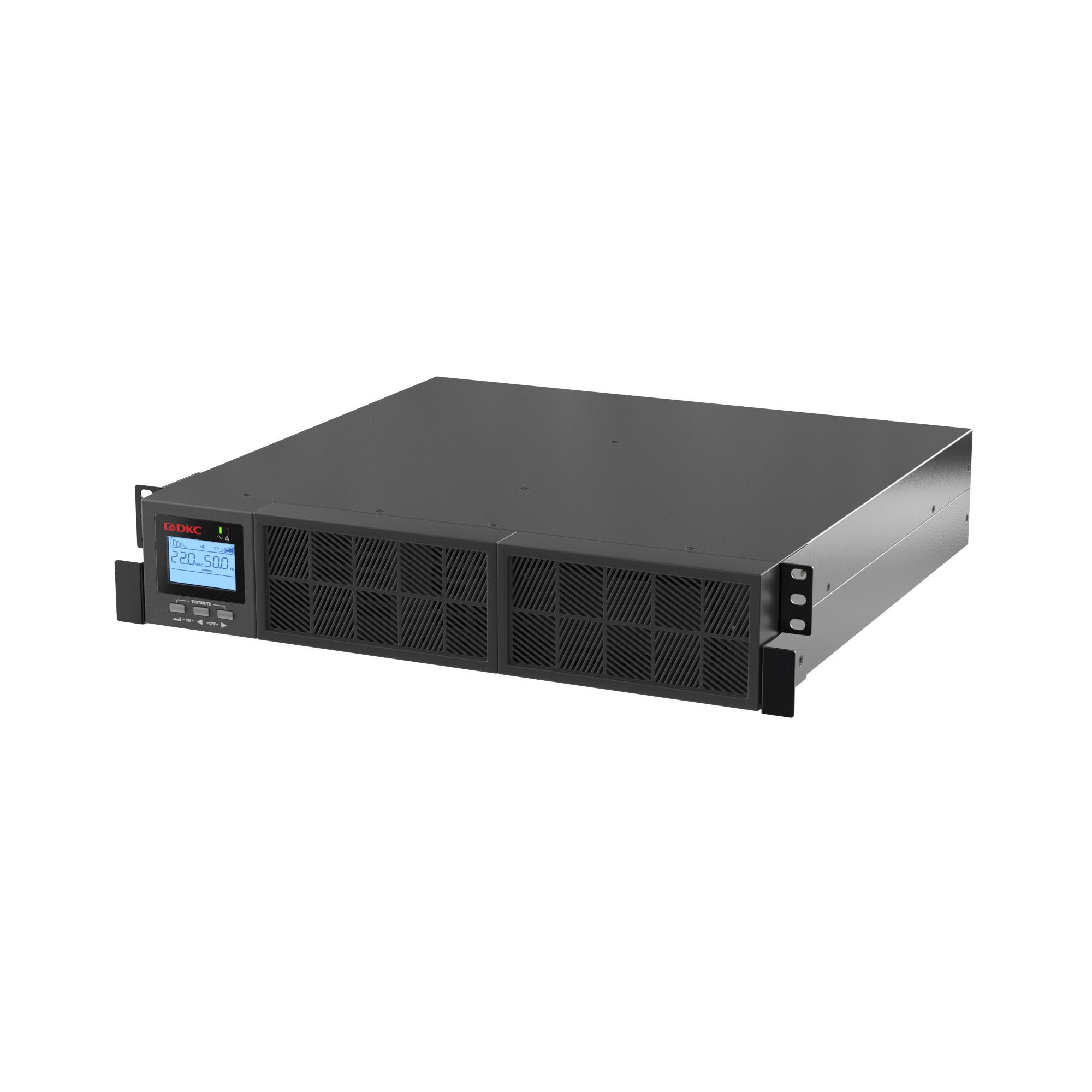 Онлайн ИБП ДКС серии Смолл Рэкмаунт (Small Rackmount), 2000 ВА/2000 Вт,1/1, 8xIEC C13, 1хIEC C19, EPO, USB, RS-232, Rack 2U, з/у 1А, 4x9Ач